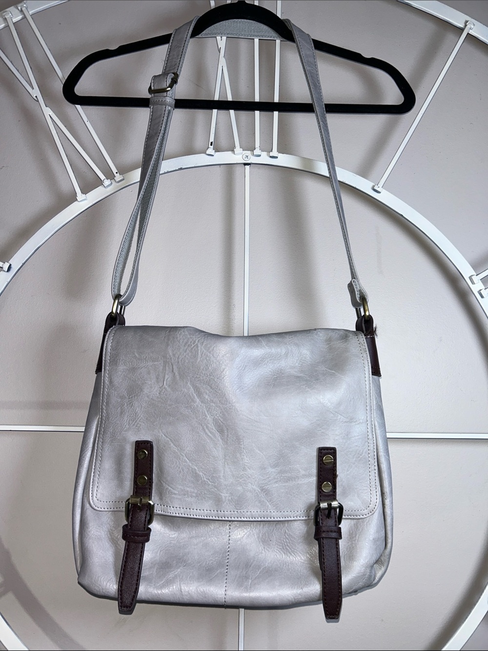 Gray Vegan Leather Crossbody Messenger Bag with Dark Brown Straps
